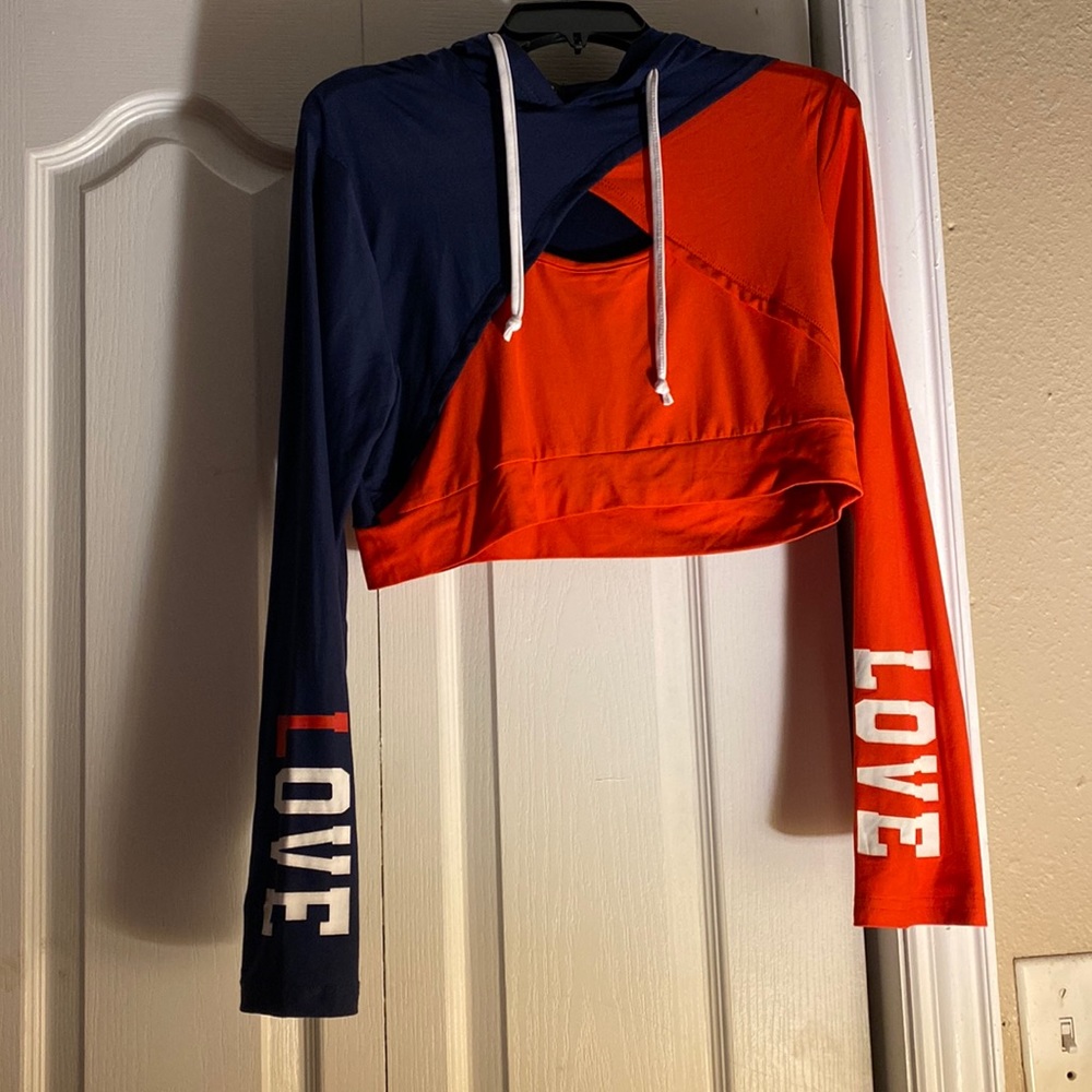 Red, white & blue long sleeve crop top hoodie with matching biker short set.